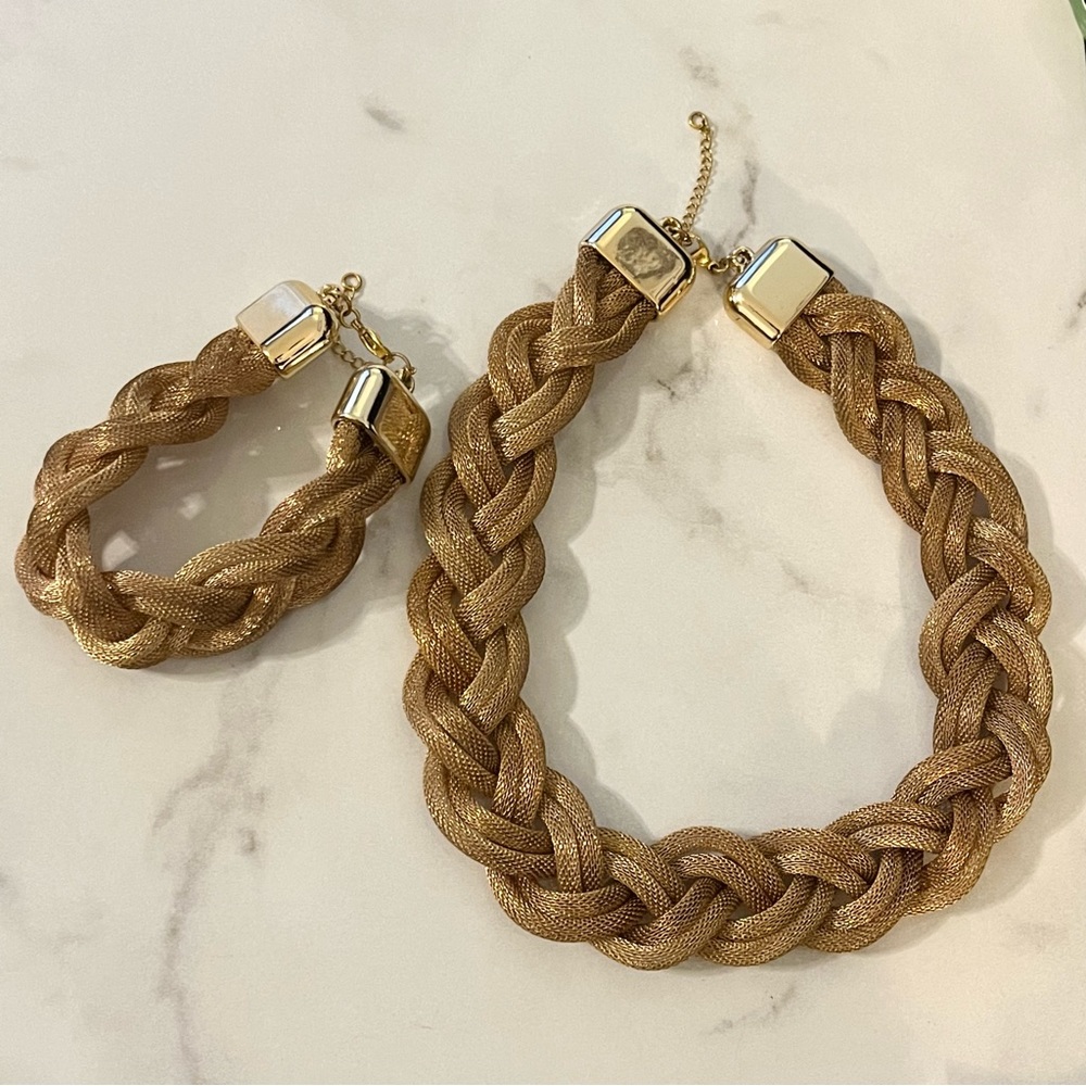 Vintage Braided Hollow Gild Tone Mesh Necklace & Matching Bracelet Set